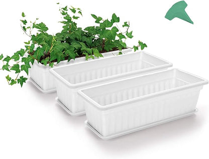 GROWNEER 3 Packs 17 Inches White Flower Window Box Plastic Vegetable Planters Long Pots with 15 Pcs Plant Labels for Outdoor Indoor Windowsill Patio Garden Home Decor Porch