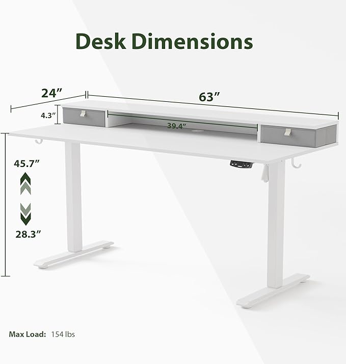 63 x 24 Inches Electric Standing Desk with 2 Storage Drawers, Stand Up Desk Adjustable Height, Sit and Stand Computer Table with Splice Board, White