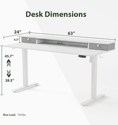 63 x 24 Inches Electric Standing Desk with 2 Storage Drawers, Stand Up Desk Adjustable Height, Sit and Stand Computer Table with Splice Board, White