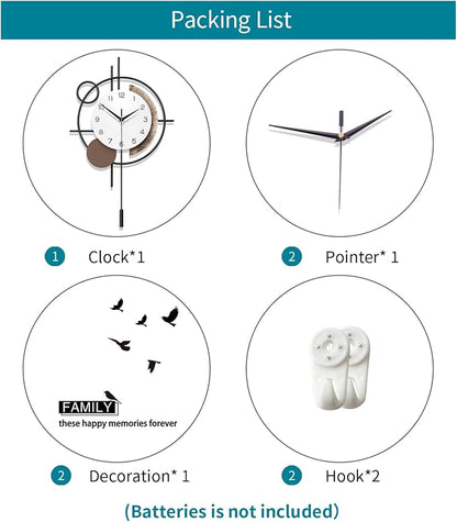 Wall Clock Decorative Modern Wall Clocks with Pendulum Silent Non-Ticking Quartz Clock Battery Operated Large Clock for Living Room,Kitchen,Home,Bathroom,Bedroom Wall Art Decor