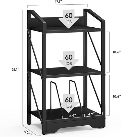 Vagusicc 3 Tier Bookshelf, Small Book Shelf Industrial Bookshelf, Wood Short Book Shelf Office Shelves with Metal Frame, Black Open Shelf Storage Organizer Bookcase for Living Room Bedroom, Black