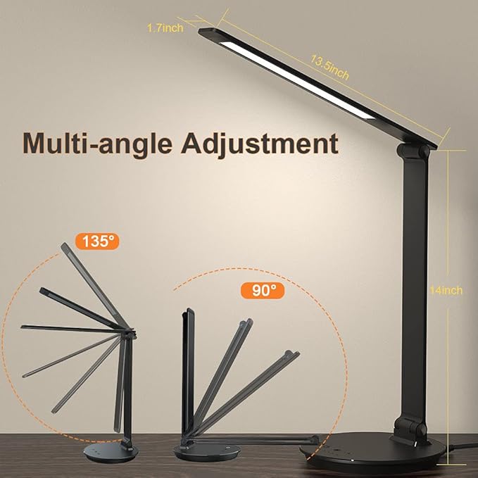 LED Desk Lamp with USB Charging Port, Touch Control Dimmable Office Lamp, 5 Color Modes 6 Brightness Levels Eye-Caring Table Lamp for Home Office Bedroom Reading Study, Black