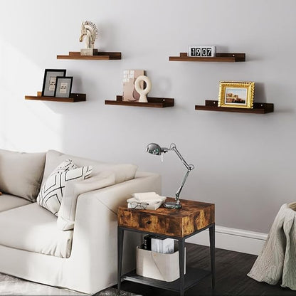 RICHER HOUSE 5-Set Floating Shelves with Lip, Walnut Wall Mounted Shelf | Display Picture Ledge Shelf, Anti-drop lip Shelf for Room Wall Decor, Bedroom Bathroom Storage Nursery Books, Easy Setup 16in