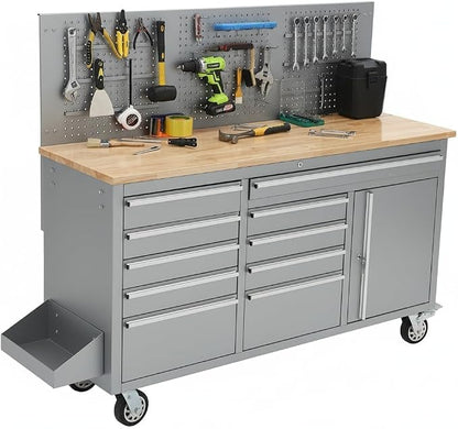 PeakPursuit 61" Rolling Tool Chest with 10 Drawers, Workbench Cabinet with Power Strip, Solid Rubber Wood Top, Pegboard, 1675 LBS Load, Mobile Heavy Duty Garage Storage, Locking Wheels, Silver