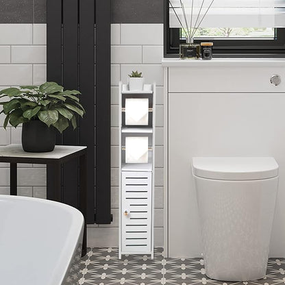 TUOXINEM Small Bathroom Storage with Dual Rods, Over The Toilet, Slim Toilet Paper Storage with 4 Tier Design, Fit Mega Roll (White)