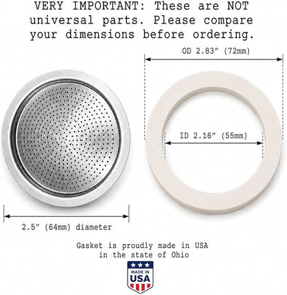 Univen 2.5" (64mm) Espresso Filter and Gasket Seals Compatible with Bialetti 6 Cup Aluminum Espresso Makers