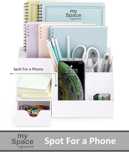 White Desktop Organizer - 9 Compartment Office Desk Accessories Organizer - Pen Holder