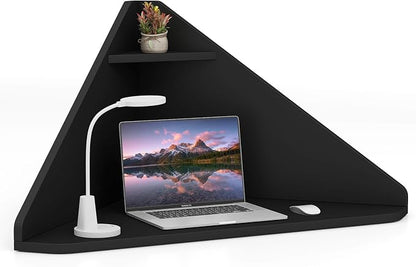 GOFLAME Floating Corner Desk, Wall Mounted Triangular Computer Desk w/Storage Shelf, Space-Saving Design, 90° Wooden Floating Home Office Desk for Writing, Working, Studying (Black)
