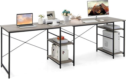 L-Shaped Home Office Desk, Corner Computer Desk w/Monitor Stand, Reversible PC Desk w/Heavy-Duty Metal Frame, Long Office Desk for 2 Person, Space-Saving Design (Grey)