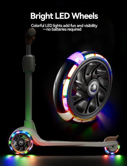 Kick Scooter for Kids Ages 2-14, 3 Wheel Scooter Adjustable Height Foldable Design, 3 LED Light Wheels, Rear Brake, Extra Wide Non-Slip Deck Kid Scooters for Boys and Girls