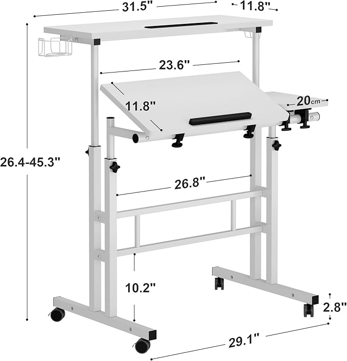 SDHYL 31.5 inches Movable Laptop Desk with Mouse Board Adjustable Height and Angle Anti-Slip Workstation Home Office Desk with Tablet Slot Portable Student Desk, White with Hook