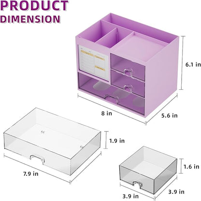 Marbrasse Desk Organizer with 3 Drawer, Multi-Functional Pencil Pen Holder, Desk Organizers and Accessories with 4 Compartments,Desktop Organizer Storage for Office Home Art Supplies (Purple)