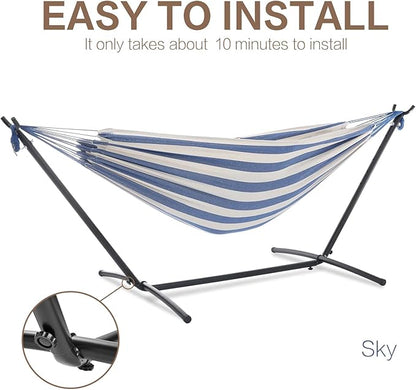 PNAEUT Double Hammocks with Stand for Outside, Portable Space Saving Heavy-Duty Steel Stand for Indoor Outdoor Patio with Carrying Bag, 450 lbs Capacity (Sky)