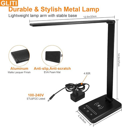 LED Desk Lamp with Wireless charging，Dimmable Desk Light, 5 Light Colors, 6 Brightness Levels, Touch Control Table Lamp with USB Rechargeable, Auto Timer, for College Dorm, Home, Office