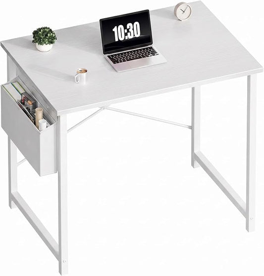 OLIXIS Small Computer Desk, 31 Inch Gaming Desks for Home Office | Writing Study Craft Work Table, Computer Workstation for Bedroom Small Spaces with Storage Bag, All White