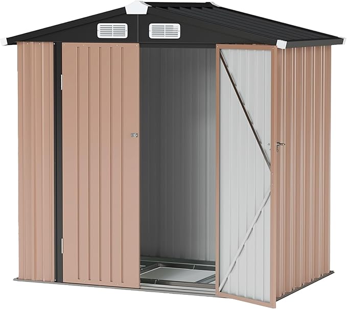 6x4FT Outdoor Storage Shed with Base Brown | Metal Garden Tool Shed with Sloping Roof & Lockable Door for Garden, Patio, Backyard