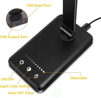 LED Desk Lamp Dimmable Table Reading Lamp with USB Charging Port, 5 Lighting Modes, Sensitive Control, 30/60 Minutes Auto-Off Timer, Eye-Caring Office Lamp (Black)