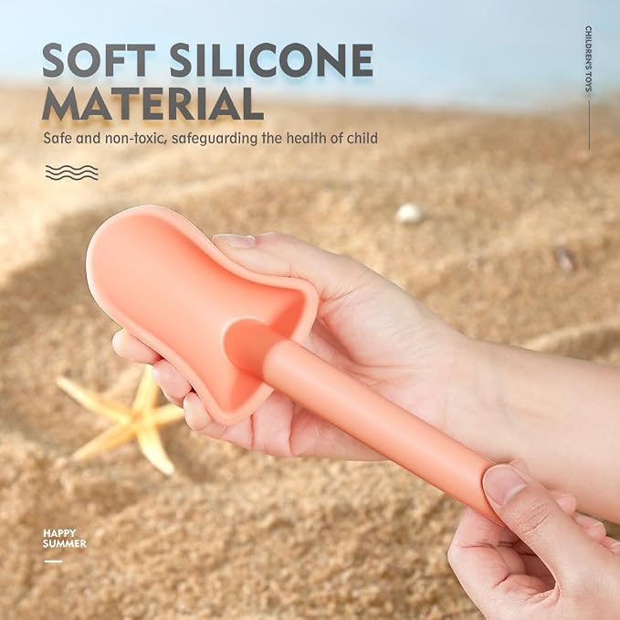 MarcZero 11Pcs Silicone Beach Toys,Modern Baby Beach Toys,Travel Friendly Beach Set,Silicone Bucket, Shovel, 8 Sand Molds, Beach Bag, Sand Toys for Toddlers, Kids (Peach)