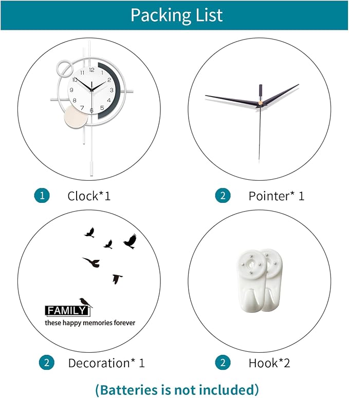 Large Decorative Wall Clock Silent Non-Ticking Quartz Battery Operated Pendulum Wall Clock for Living Room Kitchen Office Bathroom Bedroom Home Wall Art 17.7x27.3 inch