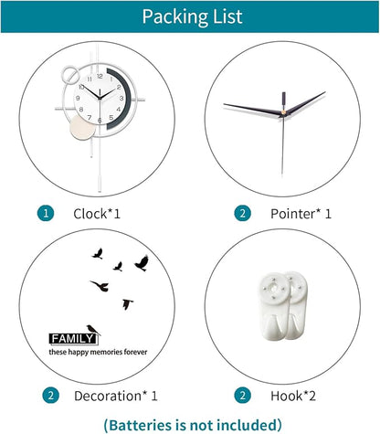 Large Decorative Wall Clock Silent Non-Ticking Quartz Battery Operated Pendulum Wall Clock for Living Room Kitchen Office Bathroom Bedroom Home Wall Art 17.7x27.3 inch