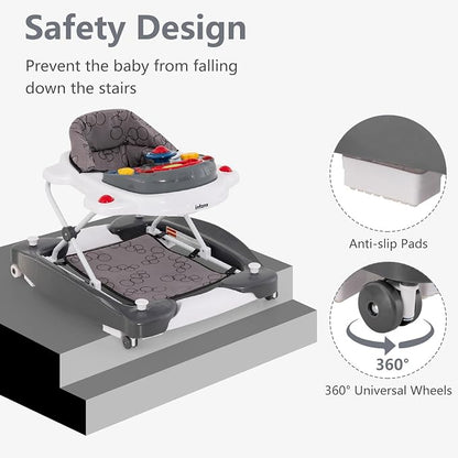 INFANS Baby Walker, 5 in 1 Behind Walker Learning Seated Rocker Bouncer with Removable Music Tray, Adjustable Height, Washable Seat Cushion, Foldable Activity Center for Toddlers (Grey)