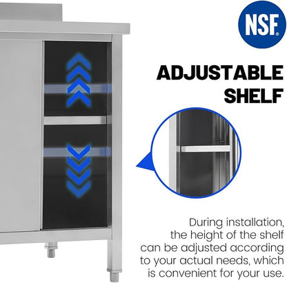 Hally Stainless Steel Cabinet, 24" x 48" NSF Commercial Heavy Duty Prep Workbench with Backsplash and Two Sliding Doors, Large Storage Cabinet, Metal Table for Kitchen, Restaurant, Garage