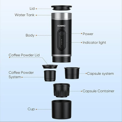 Portable Espresso Machine for Travel, Self-Heating Coffee Maker Works with Capsules & Ground Coffee, Type-C Rechargeable for Outdoor Camping Car RV Business Trips