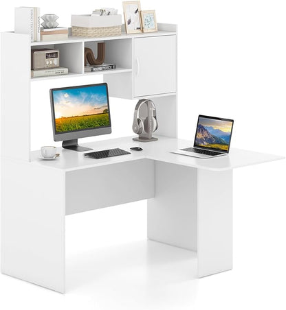 Tangkula L-Shaped Desk with Storage Hutch, Corner Computer Desk with Shelves & Cabinet, Modern Writing Study Table for Home Office, Laptop PC Workstation, White
