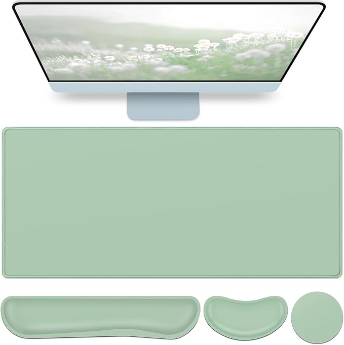 Desk Mat Green, Large Gaming Mouse Pad with Wrist Rest, 4in1 XXL Mousepad+Keyboard Wrist Rest+Mouse Pad Wrist Support+Cup Coaster Set Ergonomic Computer Desk Arm Wrist for Decor Home Office Women