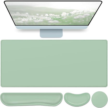 Desk Mat Green, Large Gaming Mouse Pad with Wrist Rest, 4in1 XXL Mousepad+Keyboard Wrist Rest+Mouse Pad Wrist Support+Cup Coaster Set Ergonomic Computer Desk Arm Wrist for Decor Home Office Women