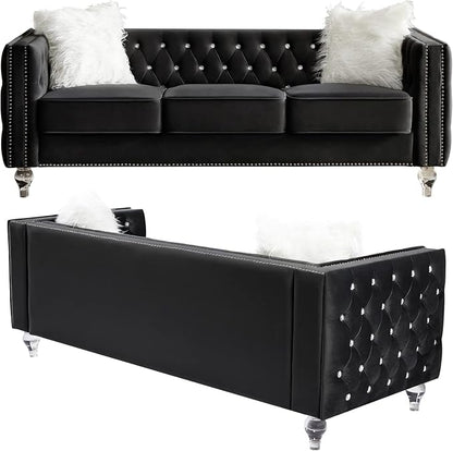 mikibama Velvet Loveseat with Buttons and Square Arms 59 Inch Tufted Sofa with Trimmed Nailhead and Metal Legs Loveseat Couch for Living Room, Bedroom (Black-Crystal Legs, Loveseat + Sofa)