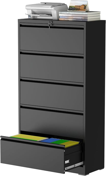 5 Drawer Lateral File Cabinet with Lock, Metal File Cabinet, Lateral File Cabinets for Home Office, Heavy Duty File Storage Cabinet for Legal/Letter/A4 Document, Assembly Required, Black