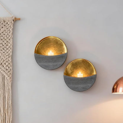 Eclipse Candle Sconces Set of 2, Wall Candle Holders with Gold Interior | Modern Gray Metallic Wall Candlestick Holders with Golden Foil Christmas Decor for Living Room, Bedroom, or Farmhouse Decor