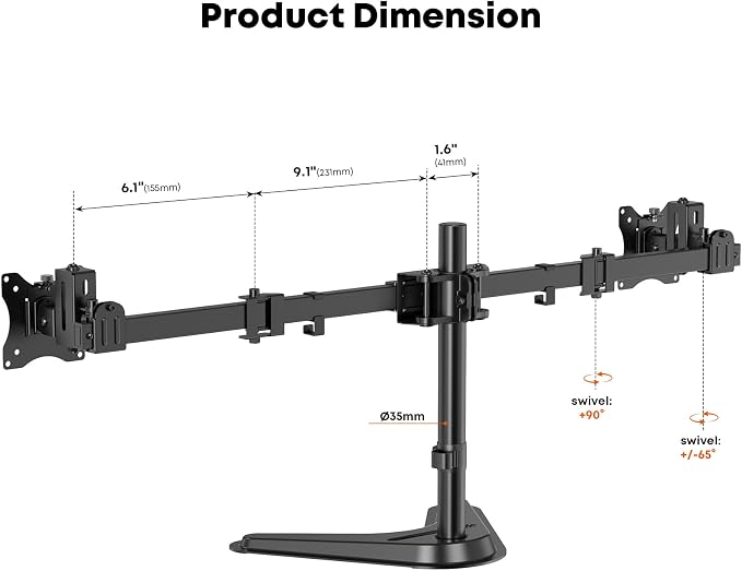 Dual Monitor Stand fits 17-32 inch, Free Standing Heavy Duty Monitor Mount | Precise Slide, Tilt, Swivel, Rotate and Height Adjust, 19.8 lbs per Arm, VESA 75/100mm