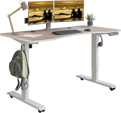 Adjustable Height Electric Standing Desk - 55 x 30 Inch Sit Stand Computer Desk with Splice Board, Stand Up Desk Table for Home Office, White Frame/Oak Top(with Radian)