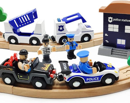 Wooden Train Cars Track Accessories Set Police Car with Light and Sound Small Vehicles Magnetic Train Cars Fit for Wooden Train Track Railway for Boys and Girls (Police Car(with Light and Sound))