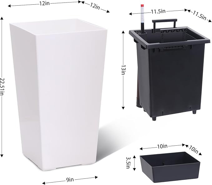 GarveeLife 22.5 in Tall Planters Set of 2, Outdoor＆Indoor Black Planter Pots, High Front Porch Planter Pots with Drainage Holes＆Water Level Monitor＆Inner Bucket, Automatic Watering, White