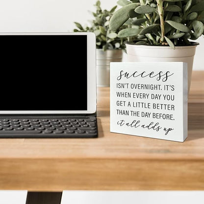 Home Office Desk Wooden Box Sign Decor, Success Isn't Overnight, Inspirational Quotes Desk Decor Motivational Desk Decorations for Women Men Student Office Classroom School