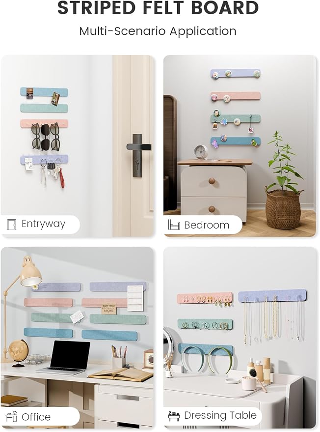 Fluxynara 13" x 2" Felt Wall Panels, Coastal Haze | 8-Pack Includes 50 Push Pins and Adhesive Tabs for Photos, Notes and Decor in Bedroom Doors, Home Office or Studios