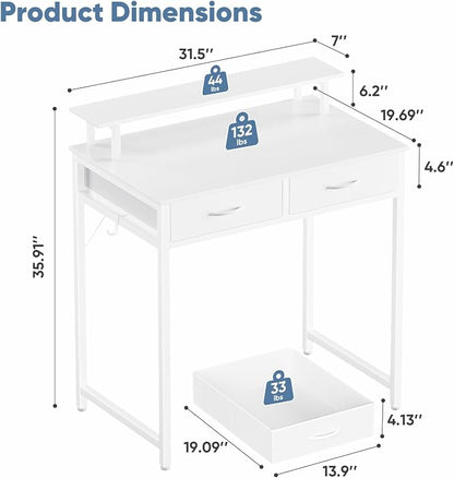 DUMOS 31-Inch Computer Desk with Drawers and Monitor Stand, White | Small Writing Desk for Home Office with Headphone Hook, Compact Study Table for Bedroom