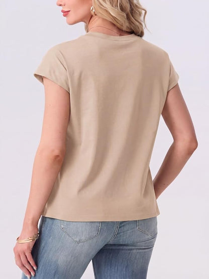 GRECERELLE Womens Summer Tops Cap Sleeve Crew Neck Basic T-Shirt | Everyday Casual Wear, Layering Friendly, Wrinkle-Resistant, Business Casual Ready, Lightweight & Packable, Capsule Wardrobe