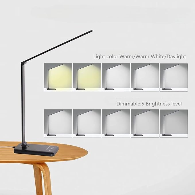 LED Desk Lamp Dimmable Table Reading Lamp with USB Charging Port, 5 Lighting Modes, Sensitive Control, 30/60 Minutes Auto-Off Timer, Eye-Caring Office Lamp (Black)