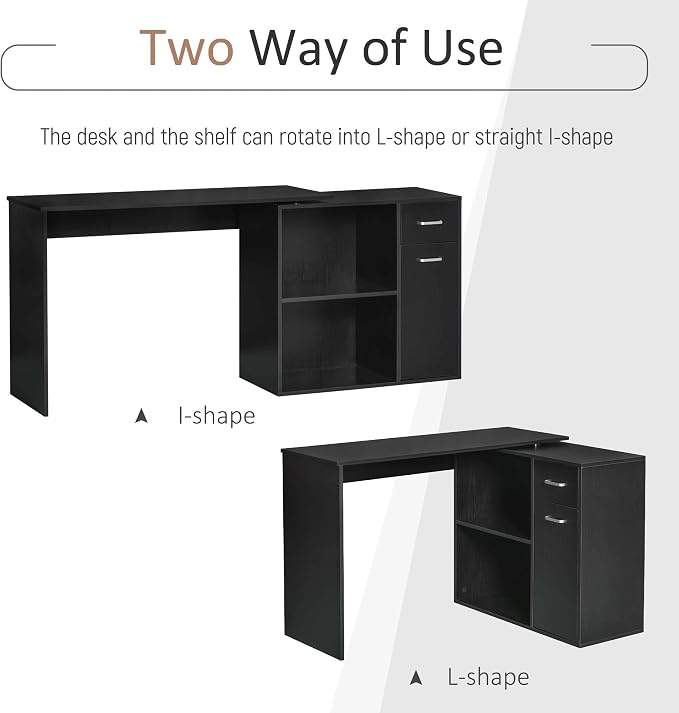 HOMCOM L Shaped Computer Desk 180° Rotating 47.25"x19.75"x 53.75", Black | Corner Desk, Storage Shelves, Drawer, Cabinet, Study Workstation, for Home Office