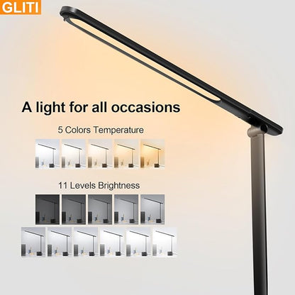 LED Office Desk Lamp, 630 Lumens Bright Table Lamp with Clock Display.A+C USB Fast Charging Charging Port, Desk Light for Office, Industrial Painting, Crafts (with Adapter)