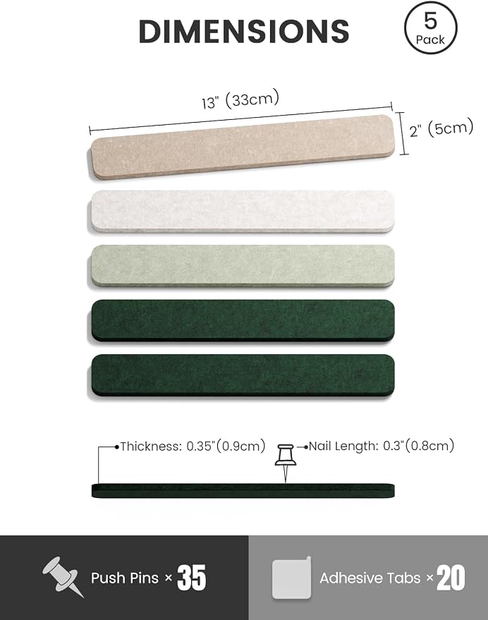Fluxynara 13" x 2" Felt Wall Panels, Nordic Moss | 5-Pack Cork Board Alternative with 35 Push Pins, Adhesive Mounting for Bedroom Door or Home Office