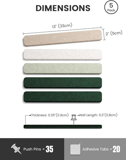 Fluxynara 13" x 2" Felt Wall Panels, Nordic Moss | 5-Pack Cork Board Alternative with 35 Push Pins, Adhesive Mounting for Bedroom Door or Home Office