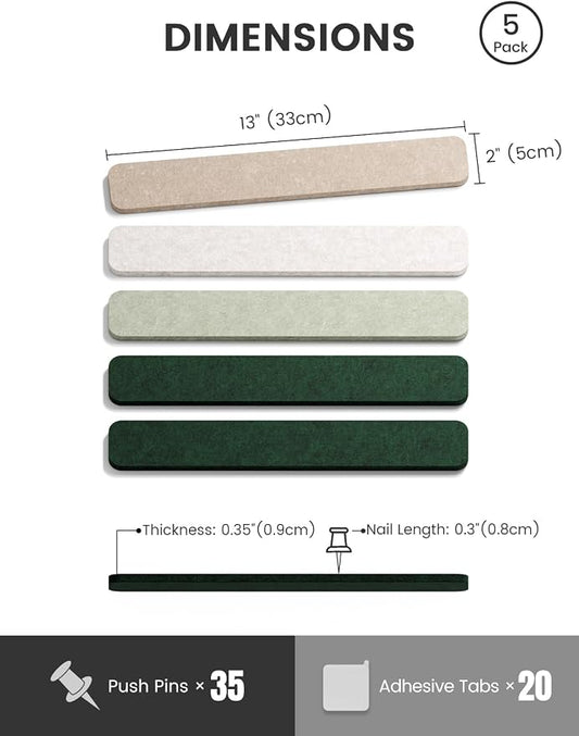 Fluxynara 13" x 2" Felt Wall Panels, Nordic Moss | 5-Pack Cork Board Alternative with 35 Push Pins, Adhesive Mounting for Bedroom Door or Home Office