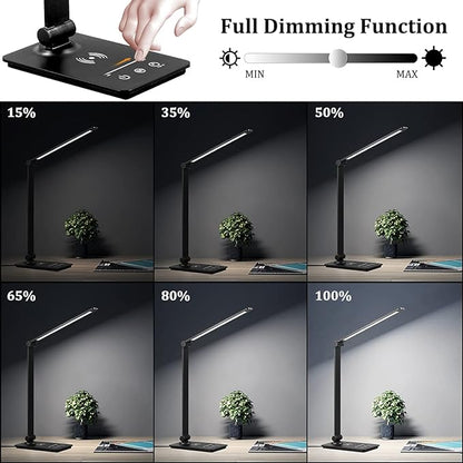LED Desk Lamp with Wireless Charger, Desk Lamp for college dorm room with 5 Color Modes & Fully Dimming Function, Eye Caring Table Lamps for Study, Office Lamp with Adjustable Arm, Auto Timer 30/60min