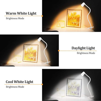 Clip on Reading Light, 3000K - 6500K Clamp Desk Lamp, 10-Levels Brightness Clamp Light, High ≥ 90+ CRI Eye Protect Clip on Lamp, 360° Flexible Gooseneck Book Light for Desk Bedside Headboard, White