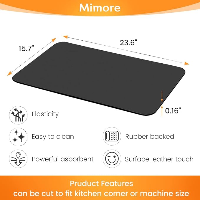 Mimore Coffee Mat - 16x24 Inch Black Countertop Mat - Absorbent, Hides Stains, Rubber Backed - Dish Drying Mat Fits Under Coffee Maker or Espresso Machine (Compatible with Ninja Luxe Cafe)